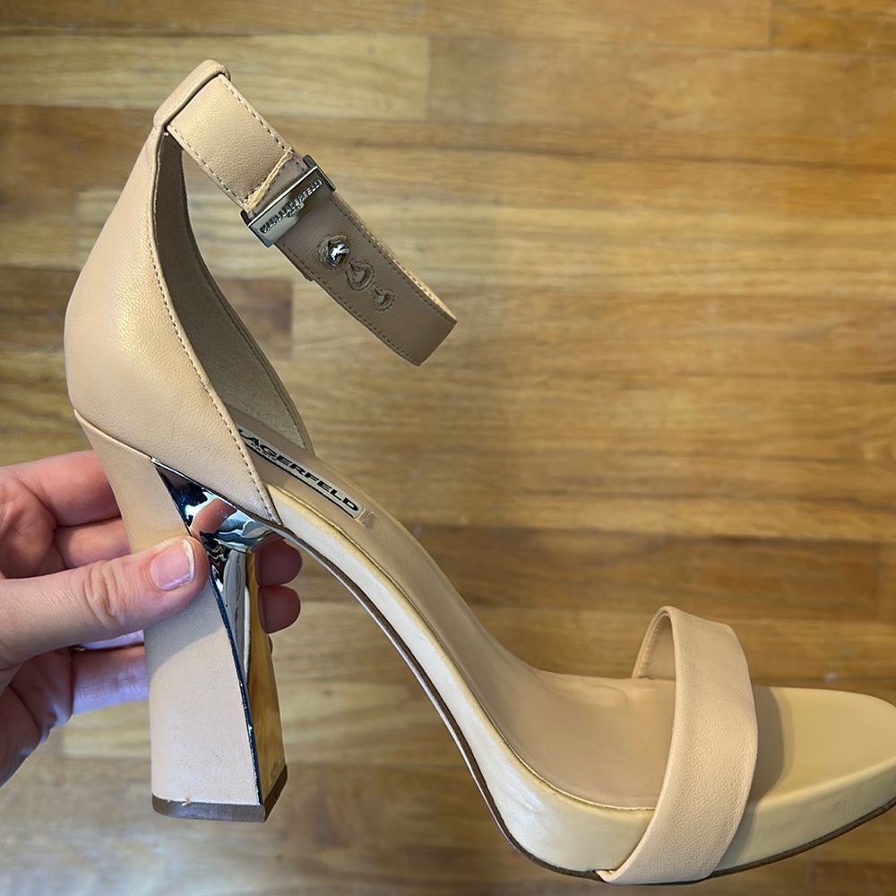 Karl Lagerfeld nude open toe ankle strap pumps